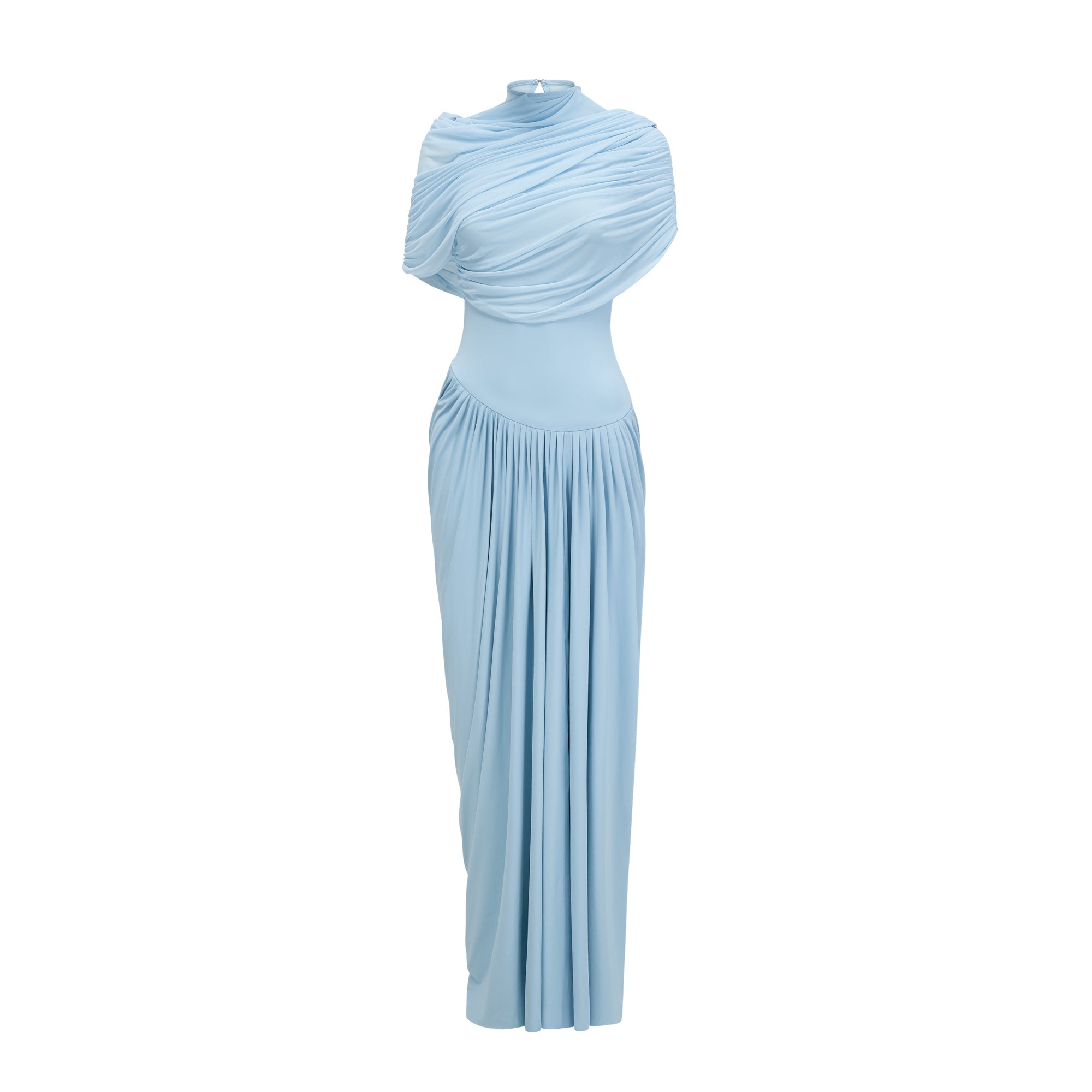 Asymmetrische geplooide maxi-jurk in babyblauw