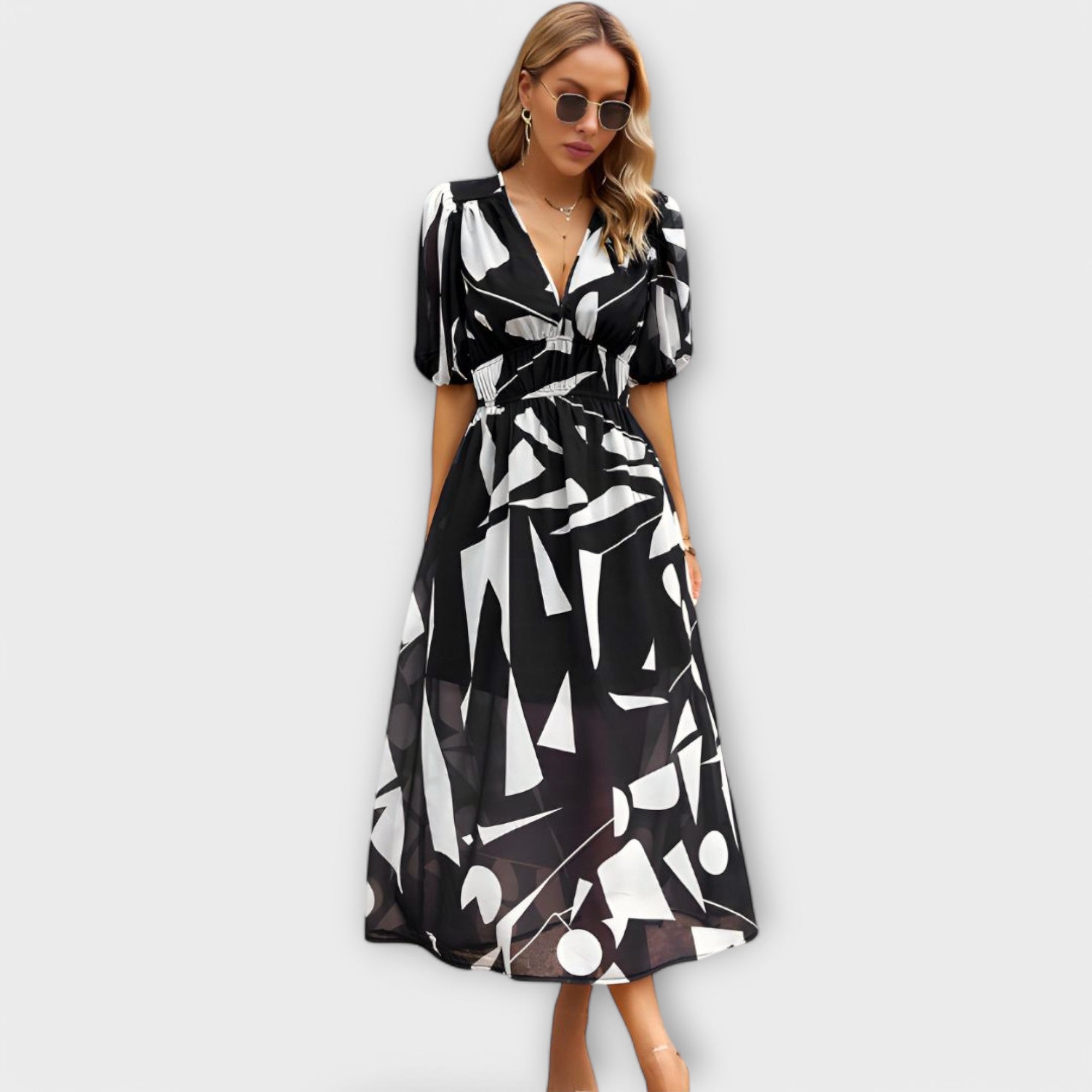 Abstracte Maxi Jurk met Pofmouwen