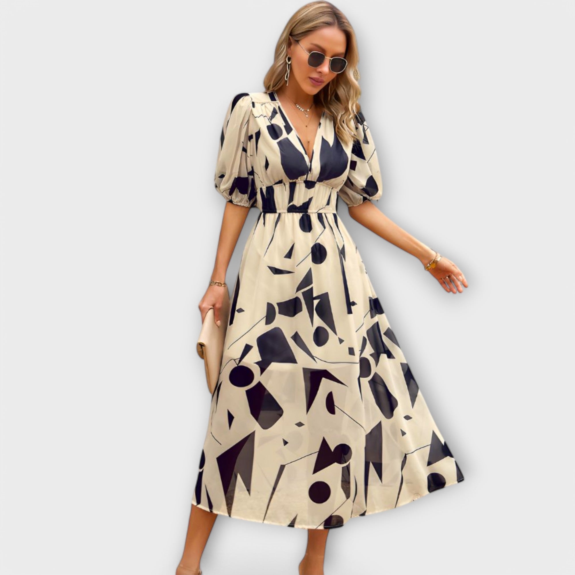 Abstracte Maxi Jurk met Pofmouwen
