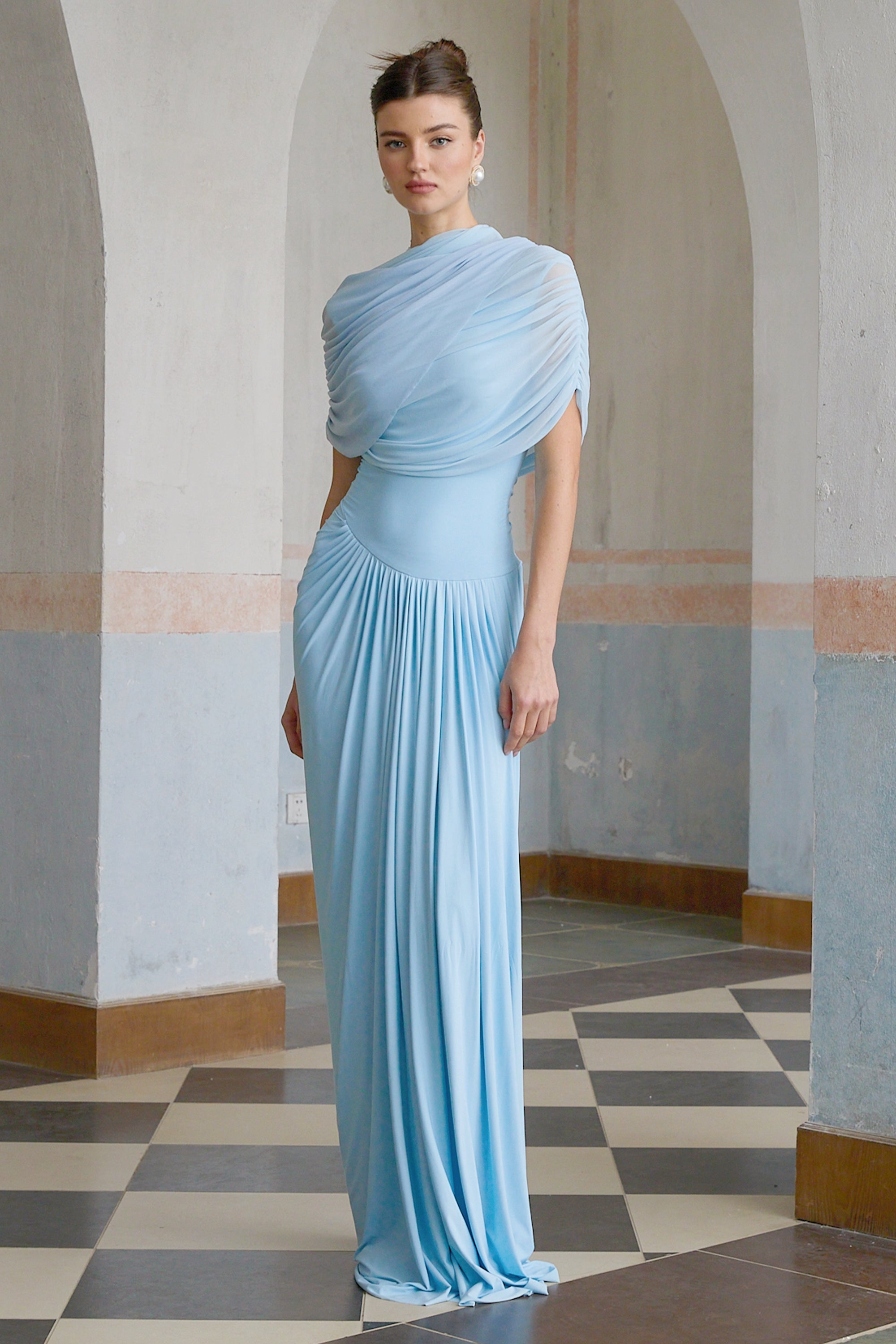 Catherine asymmetrische geplooide maxi-jurk in babyblauw