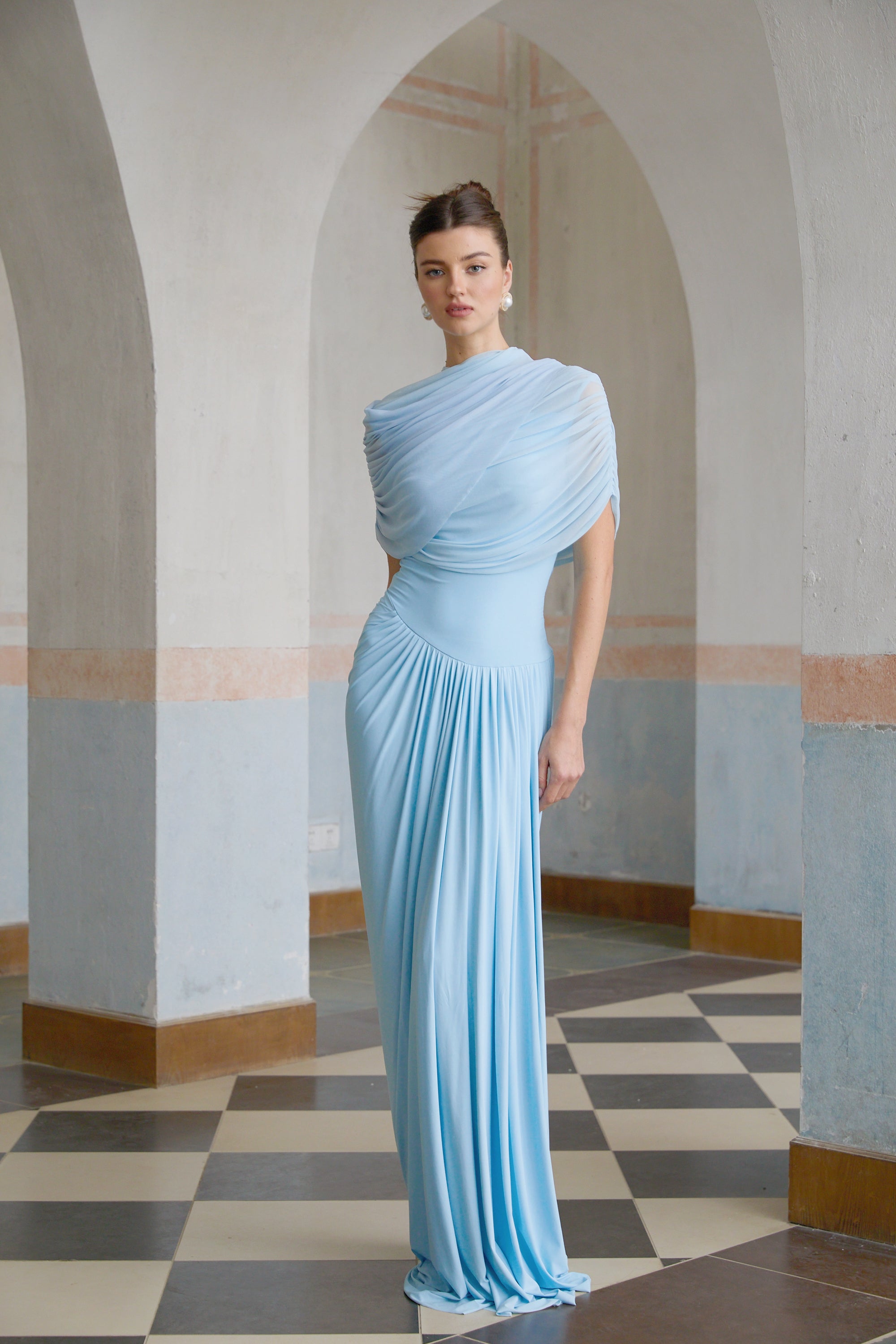 Catherine asymmetrische geplooide maxi-jurk in babyblauw