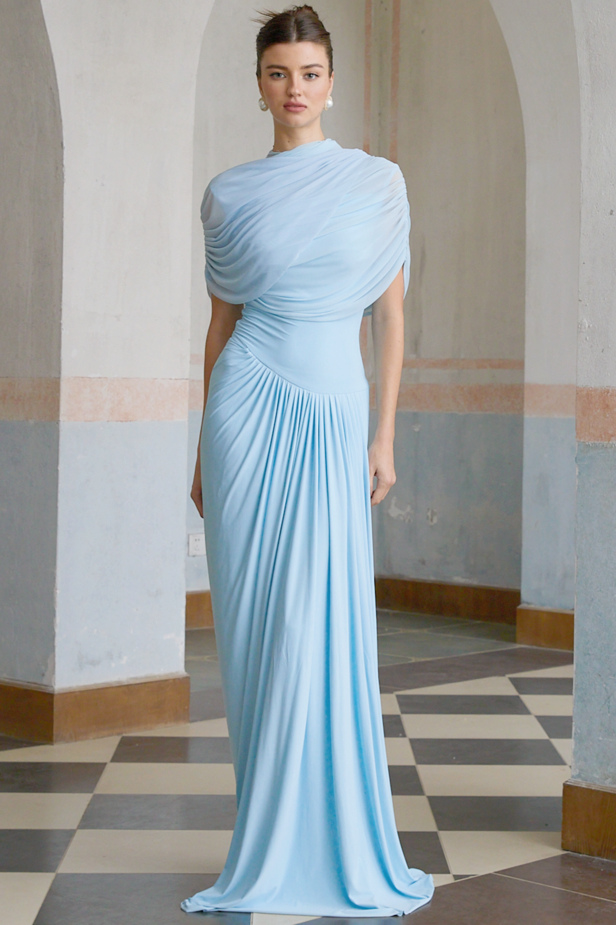 Catherine asymmetrische geplooide maxi-jurk in babyblauw