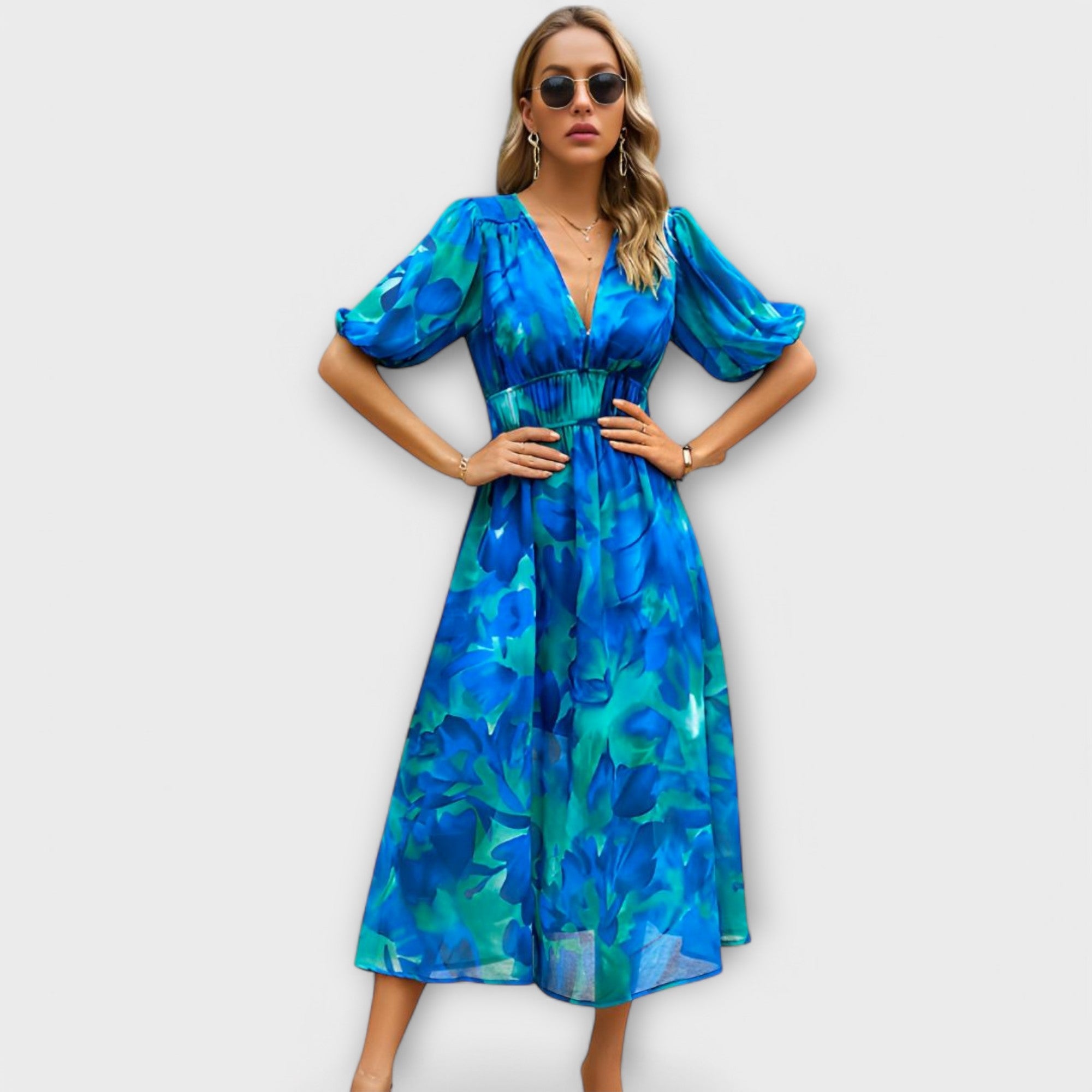 Abstracte Maxi Jurk met Pofmouwen