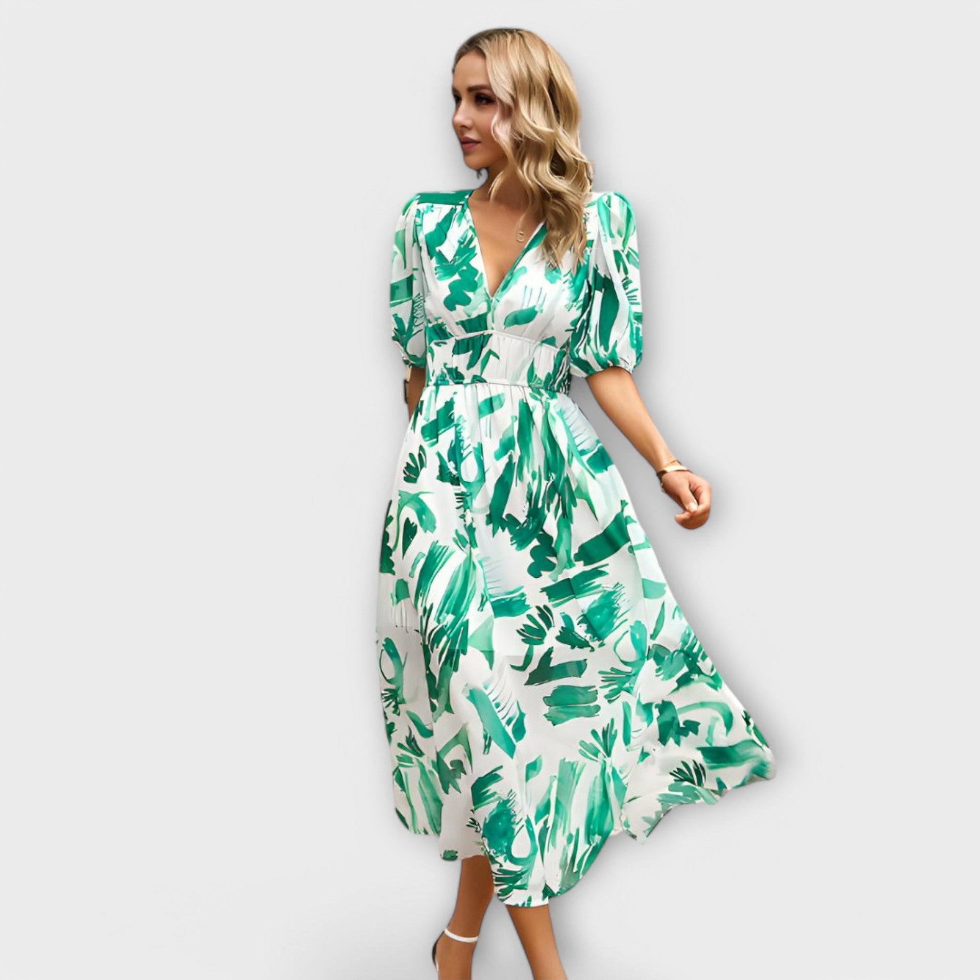 Abstracte Maxi Jurk met Pofmouwen